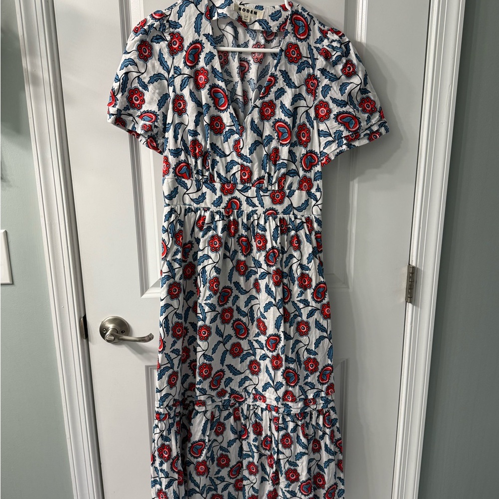 Boden Red and Blue V-Neck Midi Sundress